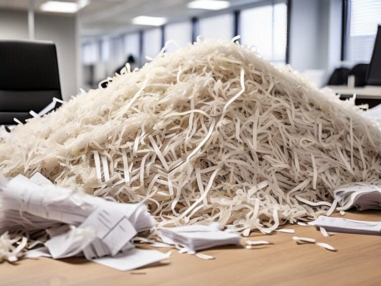 Pile of shredded office paper on desk.