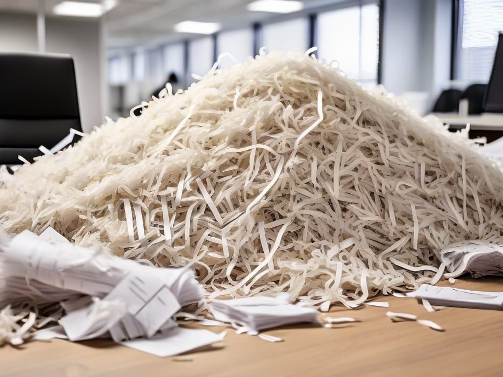 Pile of shredded office paper on desk.