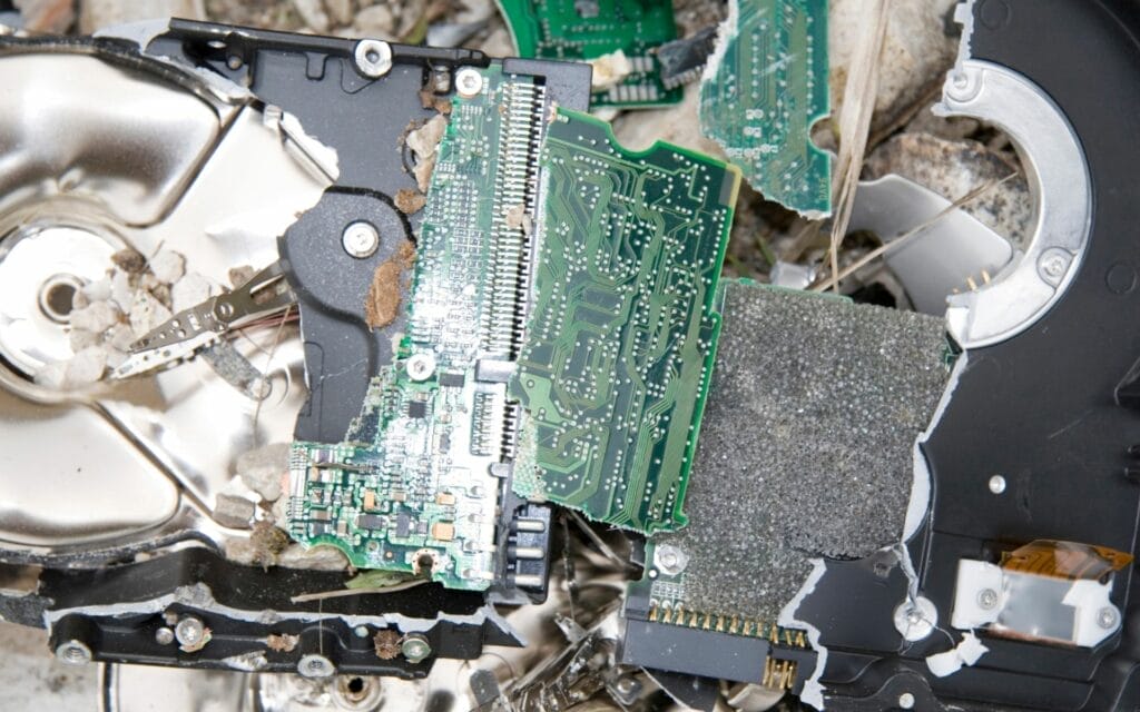 Broken hard drive with exposed circuit board