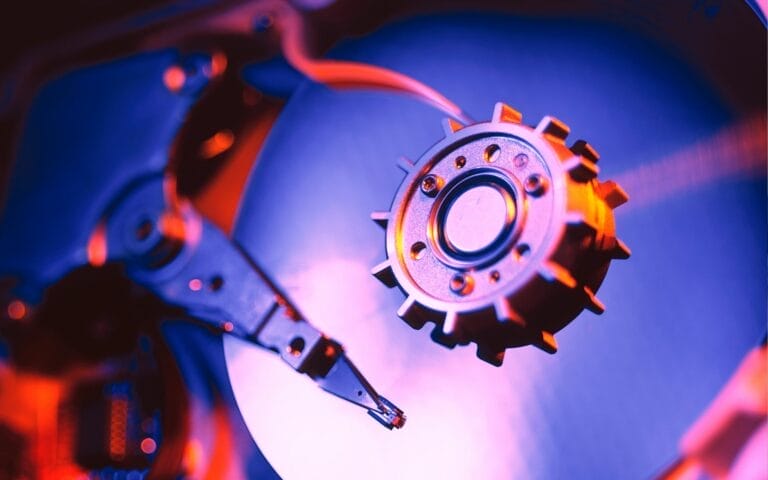 Close-up of an open hard drive disk.