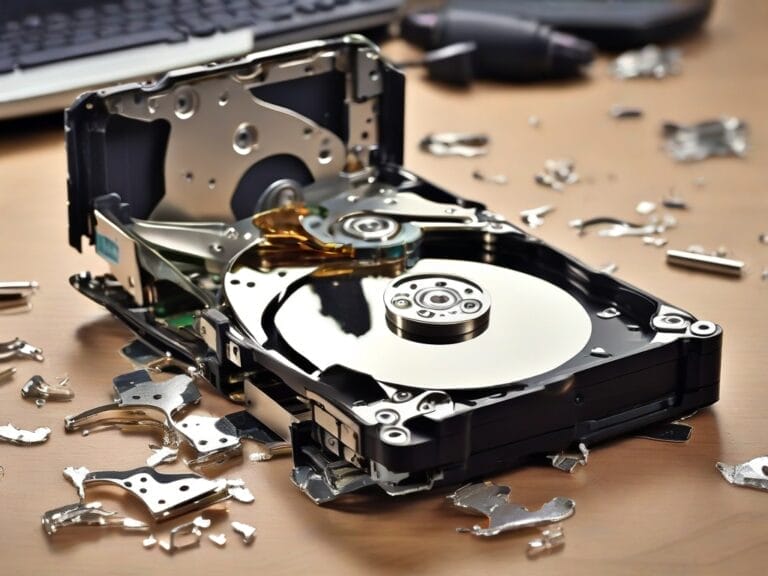 Broken hard drive with scattered parts on desk.