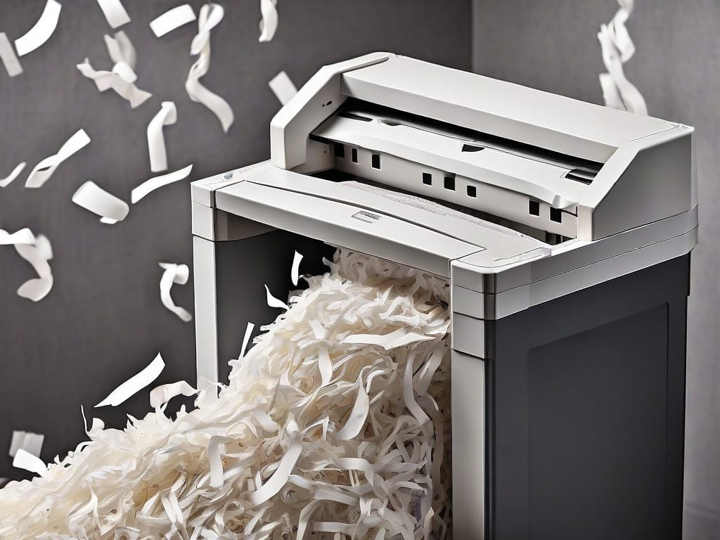Overflowing paper shredder with scattered paper pieces.