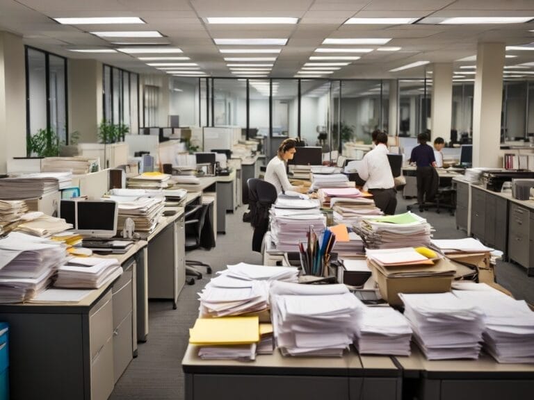 Busy office with desks, papers, and working employees.