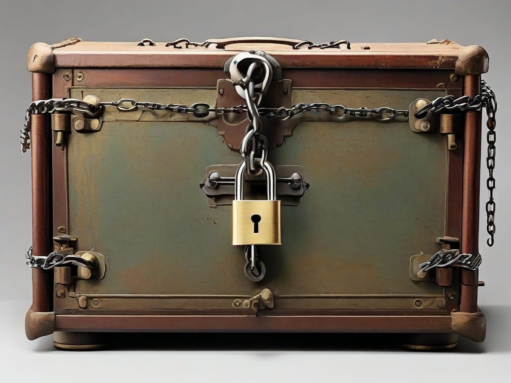 Locked antique chest with chains and padlock.