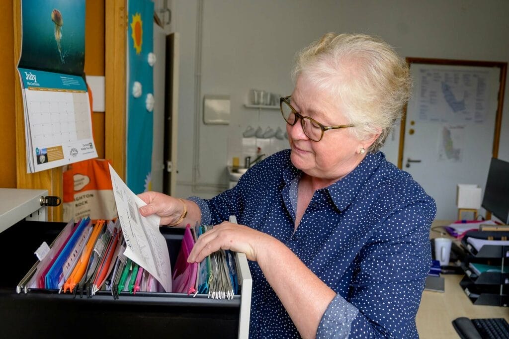 Woman organizing files in office drawer.