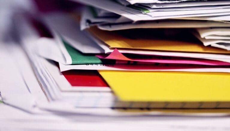 Stack of colorful paper documents