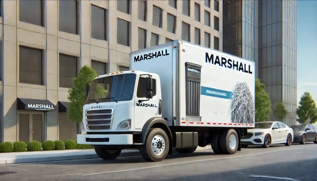 Marshall delivery truck parked on city street