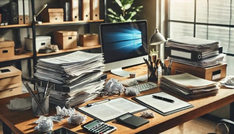 Cluttered office desk with computer and documents.