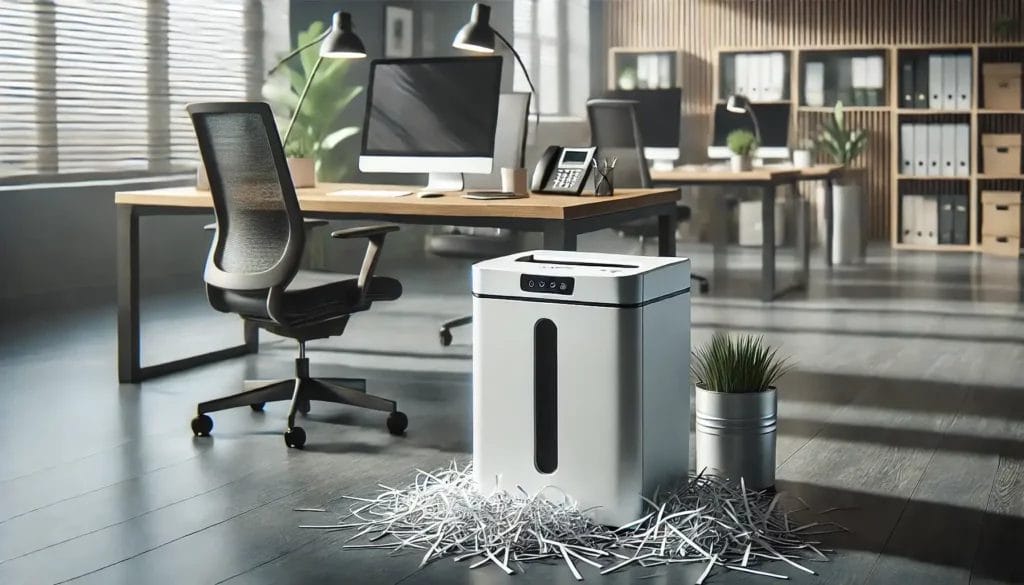 Office with paper shredder and workspace.