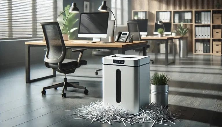 Office with paper shredder and workspace.