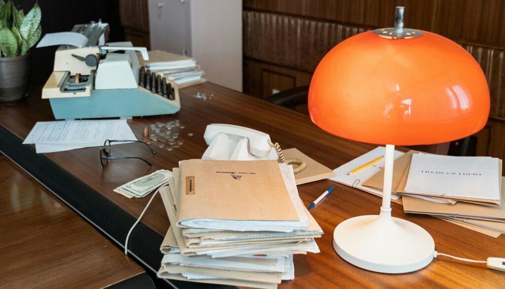 Vintage desk with typewriter and files