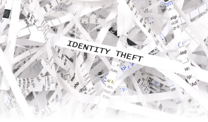 Shredded paper with 'Identity Theft' label.