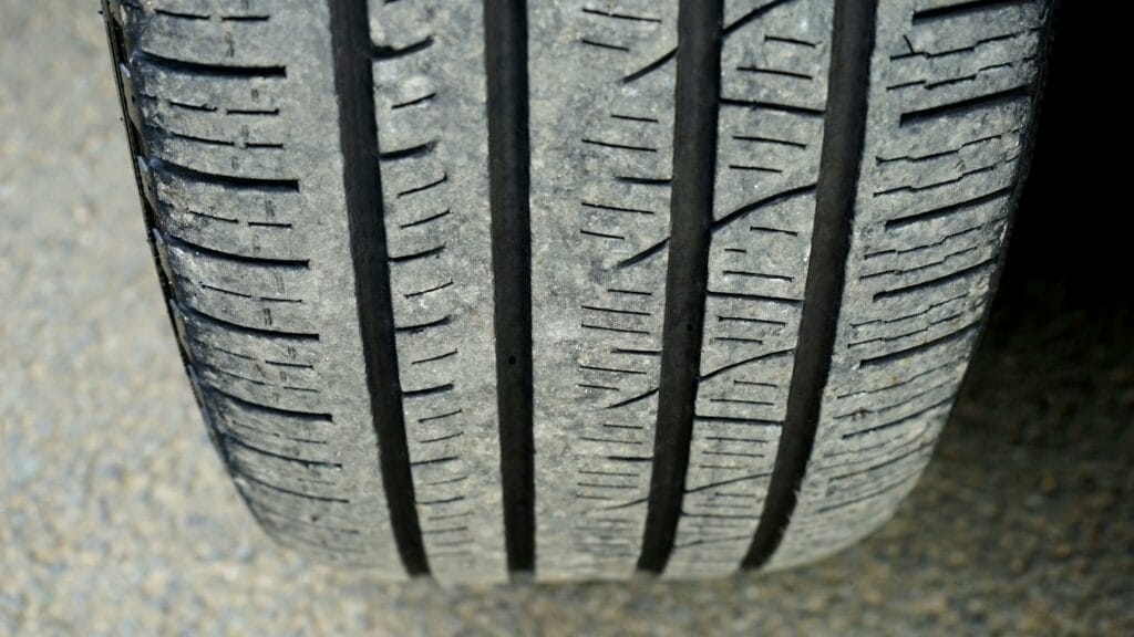 Close-up of worn car tire tread