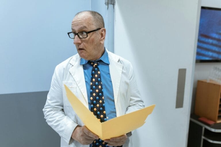 Doctor holding yellow file folder in office.