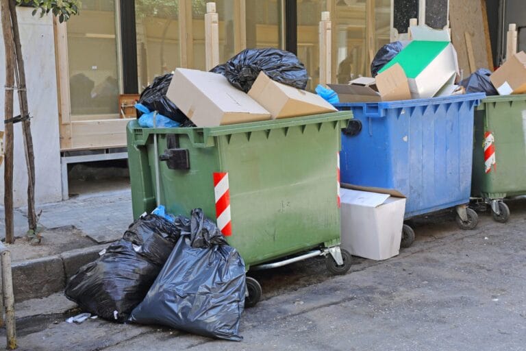 Overflow of Trash in Garbage Dumpster Bins Black Bags and Boxes City Problems