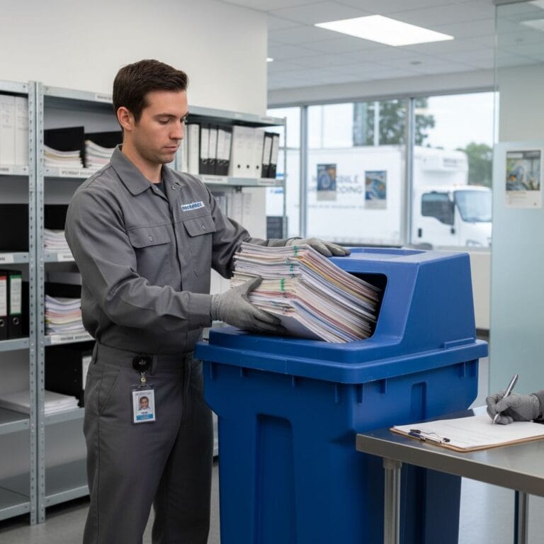 Professional technician handling HIPAA compliant medical records shredding in healthcare facility