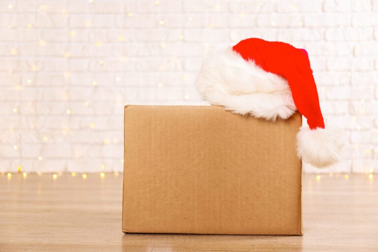 On-site shredding before year end Blank brown freight box with Santa Claus hat on top, brick wall with Christmas lights on background. Moving company / delivery service holiday deals promotion concept.