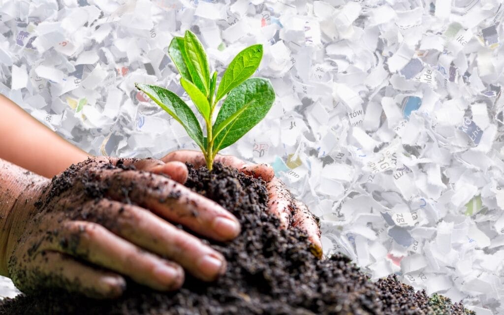 Hands planting a seedling in soil with a background of shredded paper from secure shredding